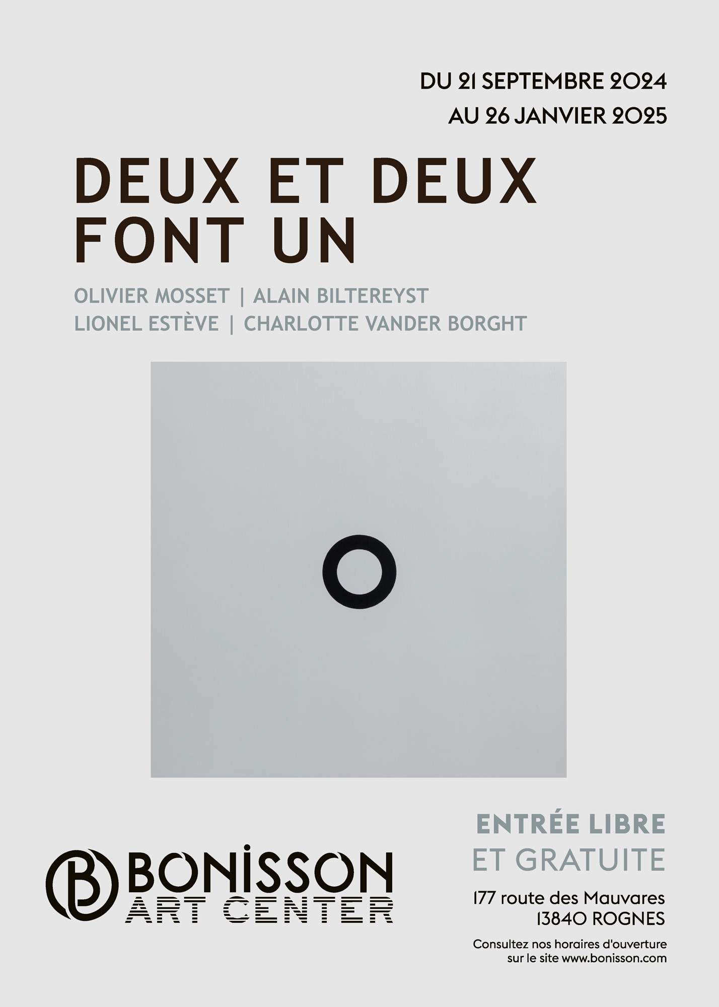 Affiche de l'exposition Deux et deux font un, Bonisson Art Center