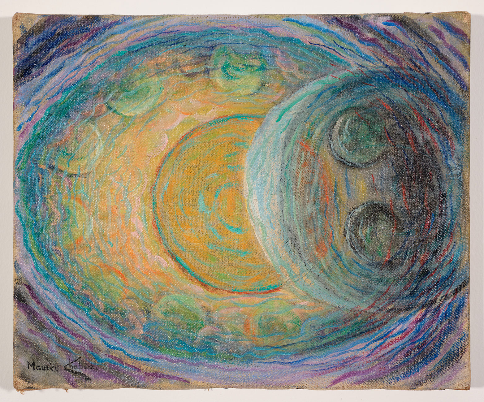 Maurice Chabas, L’Éclipse ou les Neuf sphères, date inconnue. Huile sur toile, 30 × 34,5 cm | Collection Myriam Reiss-De Palma | Photo : Wartin Pantois