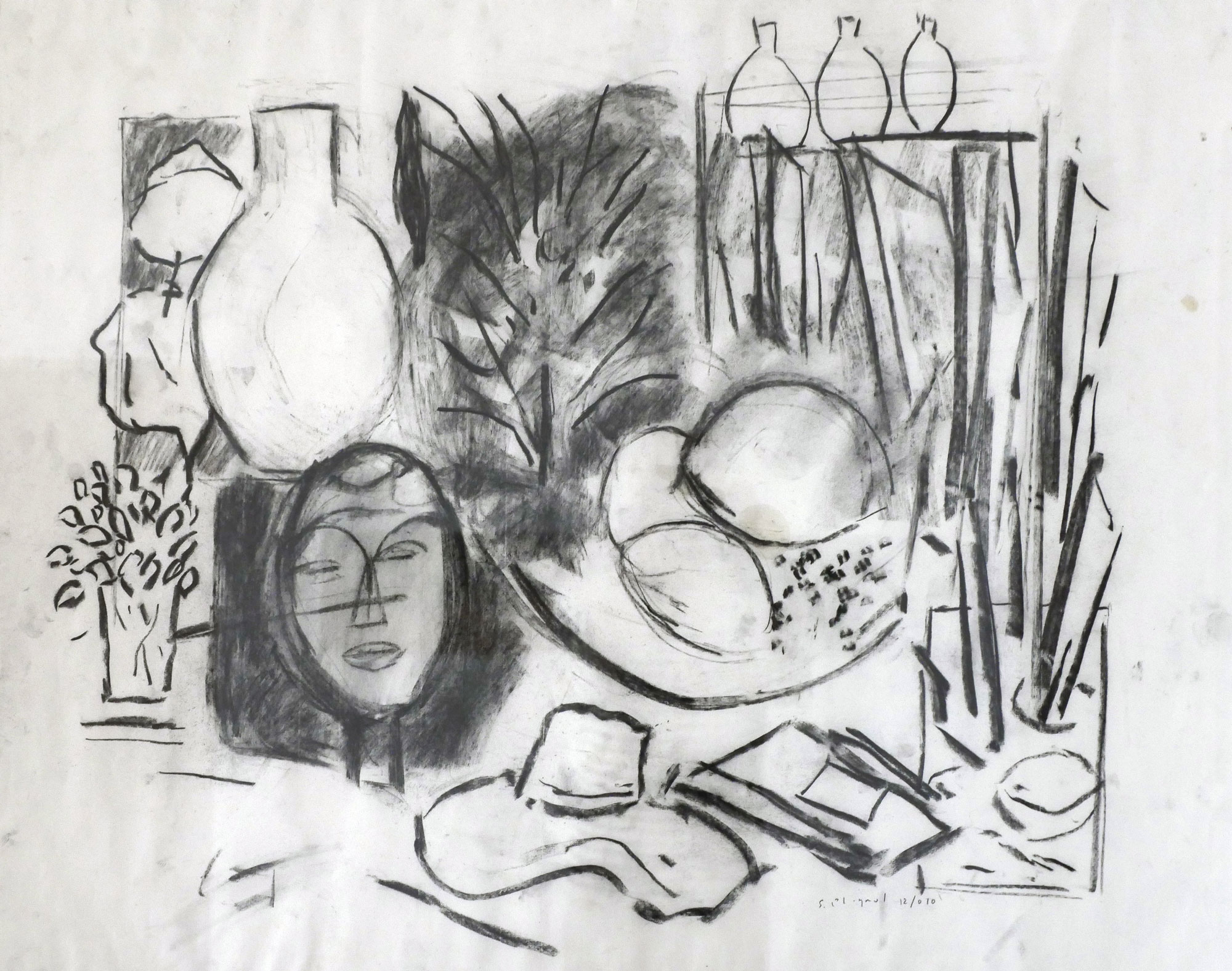 Serge PLAGNOL, Nature morte, 2010, Fusain sur papier, 86 x 100 cm, Collection particulière