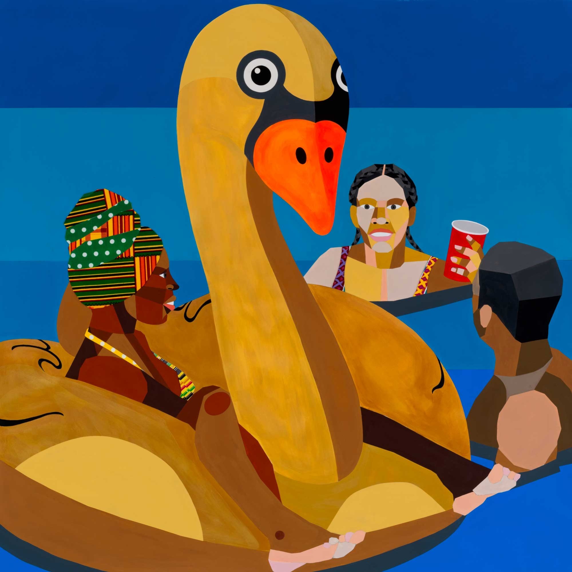 Derrick Adams, Floater 104, 2020 - Acrylic paint, pencil, fabric on paper collage, on paper, 127 x 127 cm © 2025 - Derrick Adams Studio, courtesy of the artist and Gagosian - Photo: John Berens