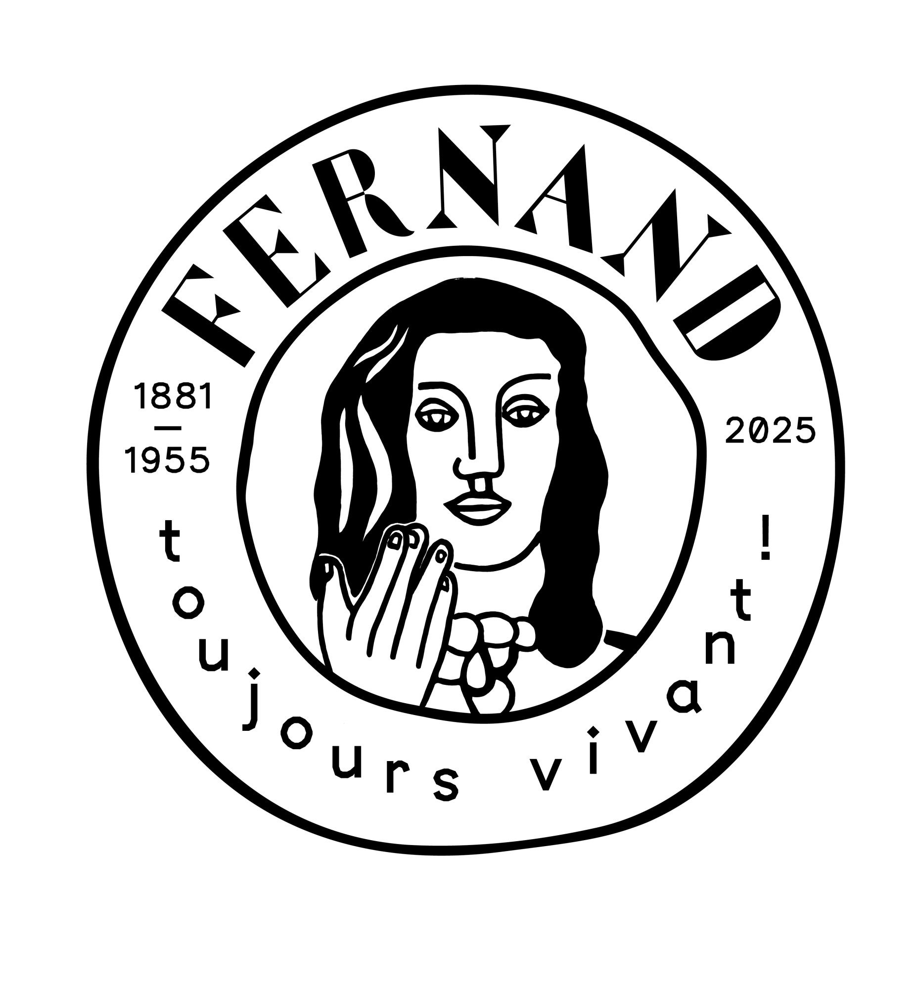 Logotype Fernand, toujours vivant ! d’après l’œuvre de Fernand Léger, Visage à la main sur fond rouge (1954, terre cuite émaillé). Graphisme © Aurélien Farina © Adagp, Paris, 2025.