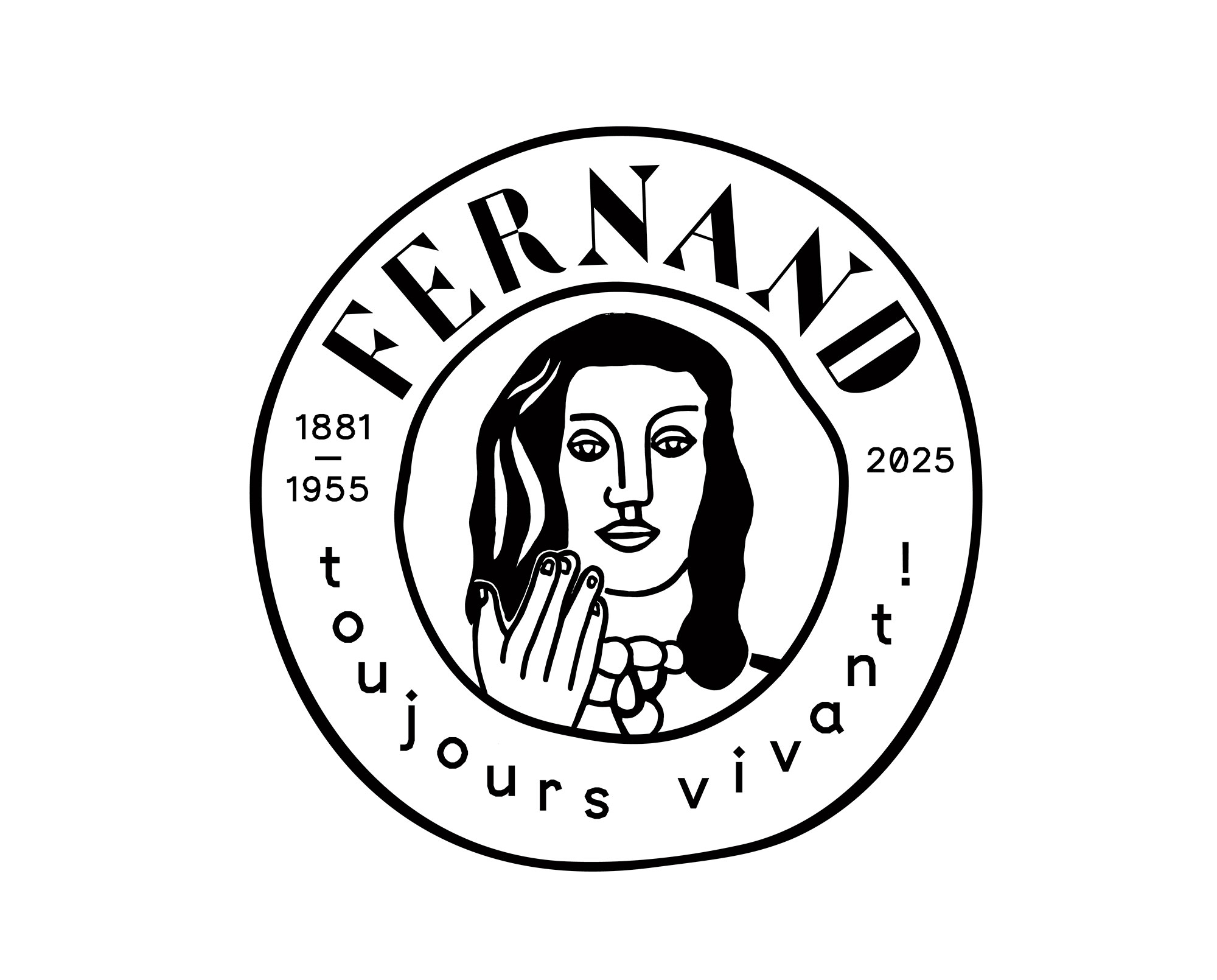 Logotype Fernand, toujours vivant ! d’après l’œuvre de Fernand Léger, Visage à la main sur fond rouge (1954, terre cuite émaillé). Graphisme © Aurélien Farina © Adagp, Paris, 2025.