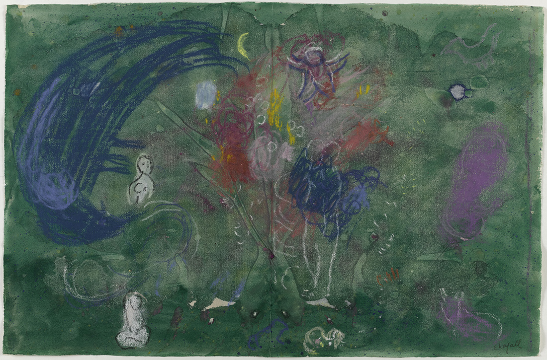 Le Paradis, 1961. Dessin préparatoire, pastel et lavis d'aquarelle sur papier, 31,5 x 47,5 cm. Nice, musée national Marc Chagall, donation de Marc Chagall (1972). Photo: © GrandPalaisRmn / Gérard Blot © Adagp, Paris, 2024.