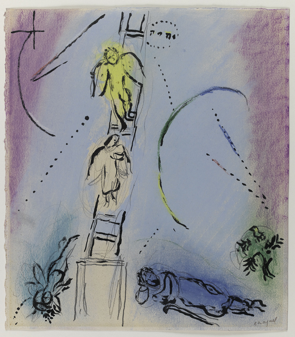 Le Songe de Jacob, 1960-1966. Dessin préparatoire, pastel crayon et encre de Chine sur papier, 32,5 x 28,5 cm. Nice, musée national Marc Chagall, donation de Marc Chagall (1972). Photo : © GrandPalaisRmn / Gérard Blot © Adagp, Paris, 2024.