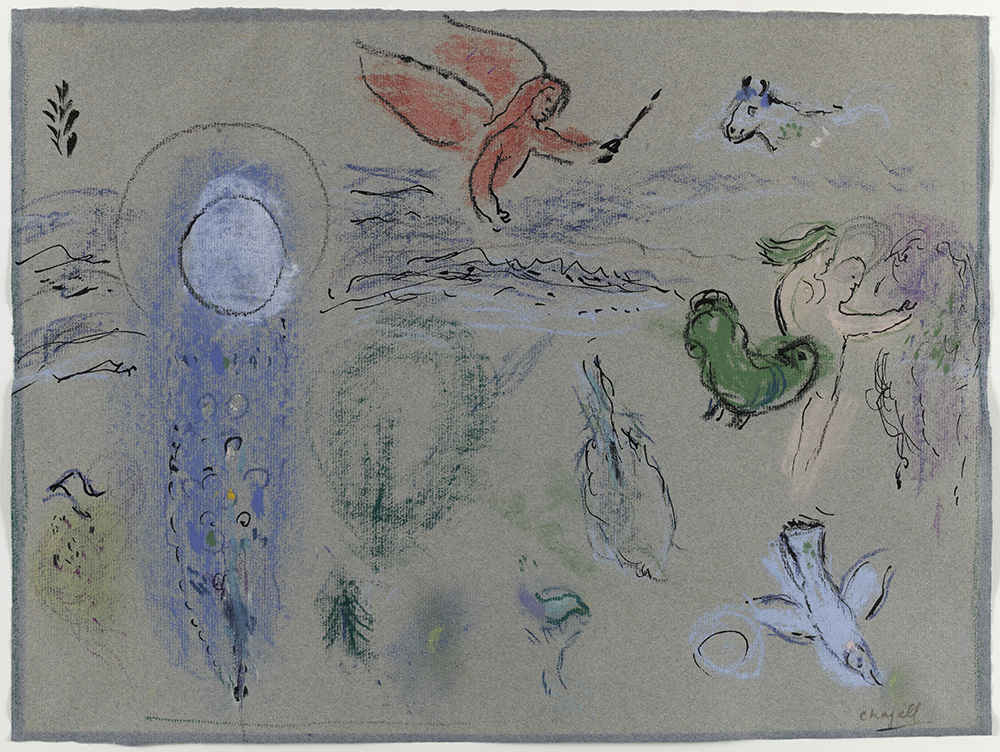 Adam et Eve chassés du Paradis, 1961. Dessin préparatoire, pastel et encre de Chine sur papier vergé gris-bleu, 31,5 x 41,6 cm. Nice, musée national Marc Chagall, donation de Marc Chagall (1972). Photo : © GrandPalaisRmn / Gérard Blot © Adagp, Paris, 2024.