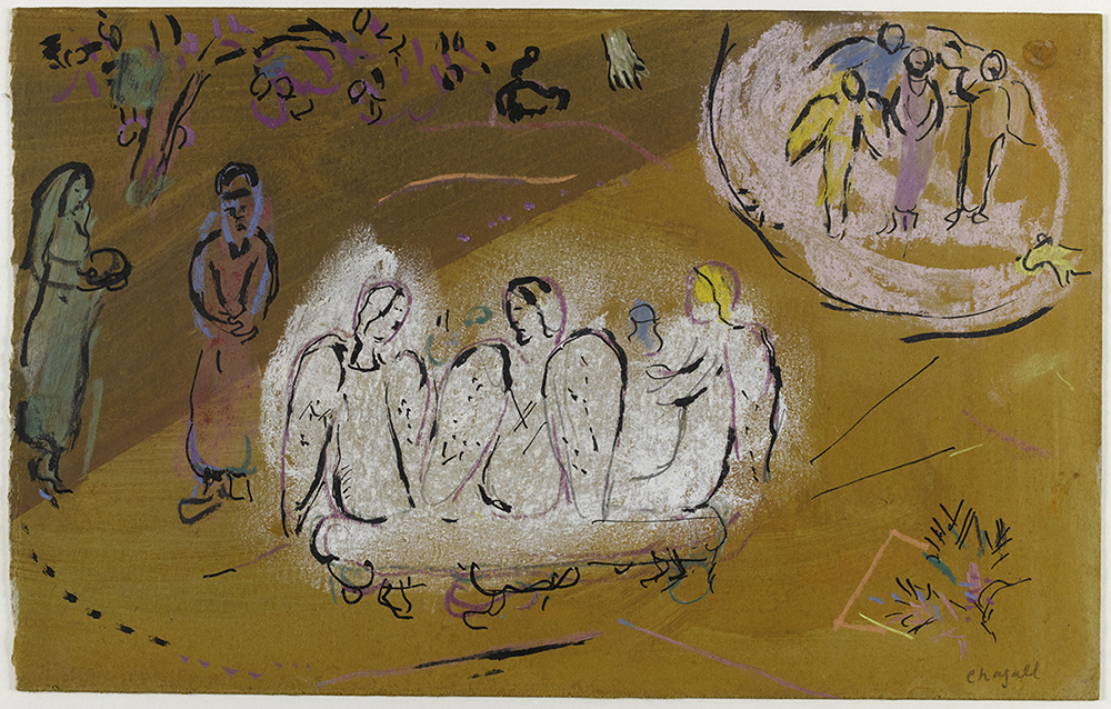 Abraham et les trois anges, 1960-1966 Dessin préparatoire, pastel, gouache et encre de Chine sur carton gris, 20,5 x 32,5 cm. Nice, musée national Marc Chagall, donation de Marc Chagall (1972). Photo : © GrandPalaisRmn / Gérard Blot © Adagp, Paris, 2024.